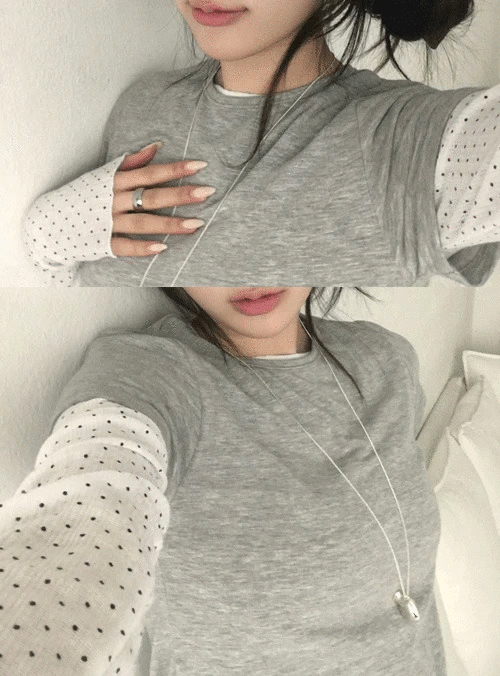 【SET】ドットシースルートップス＋レイヤード半袖Tシャツ