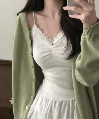 로제 레이스 꽃 셔링 슬리브리스 나시