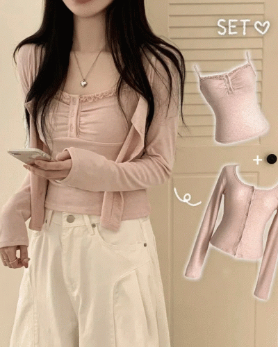 청순벚꽃룩 레이스 프릴 버튼 셔링 크롭 나시 크롭 핑크 가디건 레이어드 세트