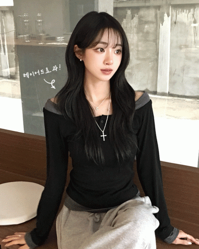 쫀득 데일리 버튼 일체형 레이어드 배색 긴팔 티셔츠 봄 상의 슬림핏 단추 긴팔티 3color