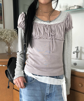 シャーリングレースリボン半袖Tシャツ