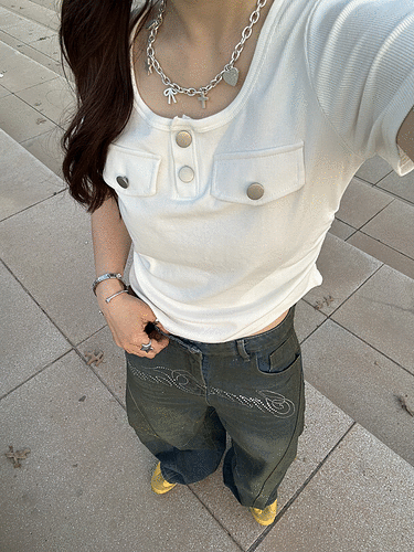 リブヘンリーネッククロップドトップス