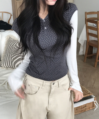 무코 미니 스타 헨리넥 반팔 퍼프소매 후드 레이어드 티셔츠