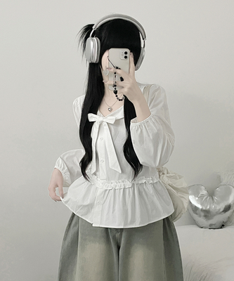 미벨리본프릴사선버튼카라벌룬핏블라우스