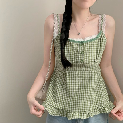 レースレイヤードチェックキャミソールブラウス
