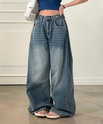 폴딩 사이드 비조 핀턱 4way 워싱 와이드 데님롱팬츠 4color