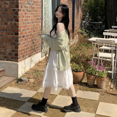 레이스 프릴 밴딩 플레어 A라인 캉캉 미디스커트 화이트 롱스커트 발레코어 벚꽃룩 봄코디