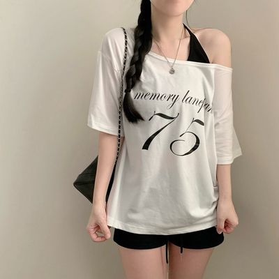 레터링 75 원숄더 루즈핏 오버핏 반팔티 여름 반팔 여름옷 오프숄더 상의