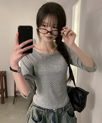 7分丈ドットボートネックTシャツ