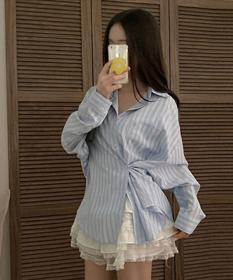 [️투웨이/핏보장️] 선데이 팬던트 스트라이프 루즈핏 투웨이 사이드 버튼 셔츠