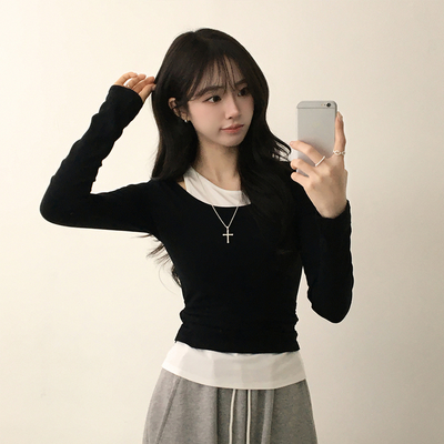 마른핏 보장 슈슈 라운드 나시 레이어드 허리 셔링 긴팔 티셔츠 베이직 이중 허리잘록 슬림핏 봄 긴팔티 4color