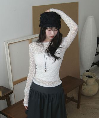 온미 시스루 레이스 라운드넥 긴팔 티셔츠