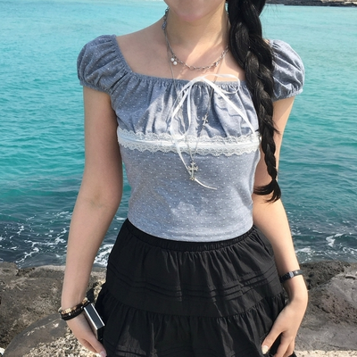 오프숄더 리본 도트 세미크롭 나시 반팔티셔츠 여름 키치