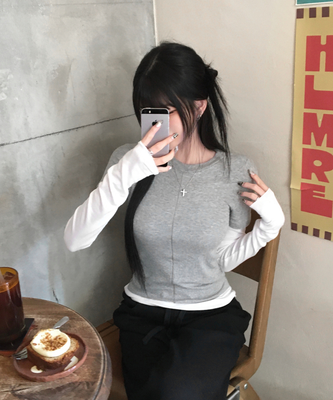 [일체형/레이어드] 리쥬 레이어드 배색 티셔츠 라운드넥 슬림핏 스판 긴팔 반팔 세트 일체형 롱슬리브 유니크 데일리룩 봄 신상/봄 티셔츠