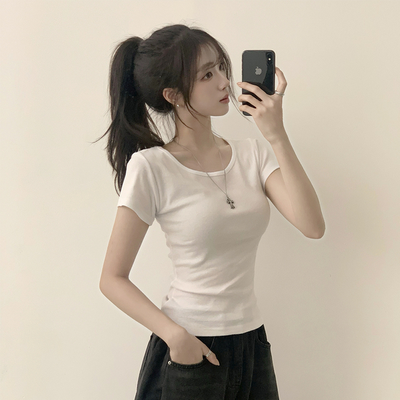 [여름필수/살빠진핏!] 쫀~득한 소재감의, 모찌 라운드 무지 봄 여름 세미 크롭 반팔 티셔츠 베이직 반팔티 허리잘록 상의 5color