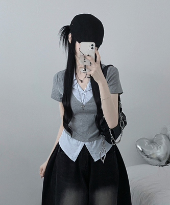 반팔ver오카스트라이프셔츠레이어드브이넥반팔티