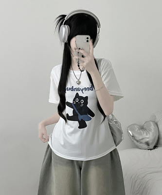 워킹고양이프린팅박스핏반팔티셔츠