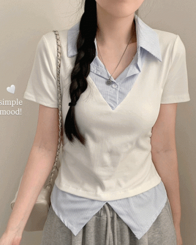 잘록핏 스트라이프 셔츠 레이어드 슬림핏 셔링 반팔티 반팔 반소매티셔츠 여름 여름옷 하객룩