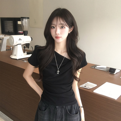 드레이프 봄 여름 꼬임 반팔 티셔츠 언발란스 슬림핏 레이어드 블라우스 하객룩 상의 결혼식 코디 반팔티 4color