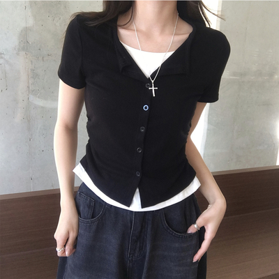 유니 레이어드 나시 가디건 허리 셔링 반팔 가디건 와펜 봄 아우터 팬던트 반팔티 여름 상의 5color