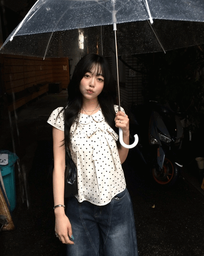 ドット柄リボン丸襟ブラウス