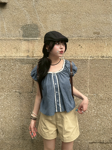 レースチェック半袖ブラウス