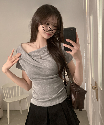 딜레마 골지 드레이프 언발 반팔 티셔츠