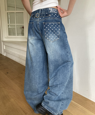 スタープリントバックルワイドデニムパンツ