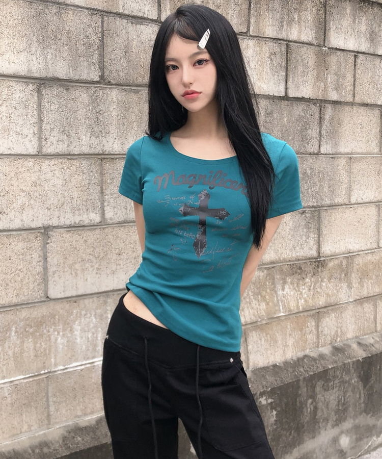 クロスプリントスリム半袖Tシャツ｜半袖Tシャツ｜韓国ファッション通販