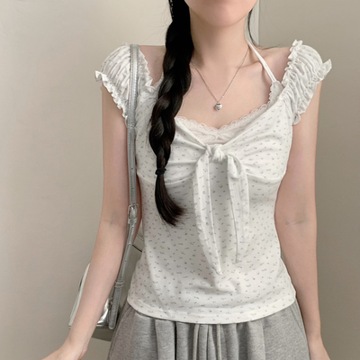 レイヤード風フラワーホルターネックTシャツ