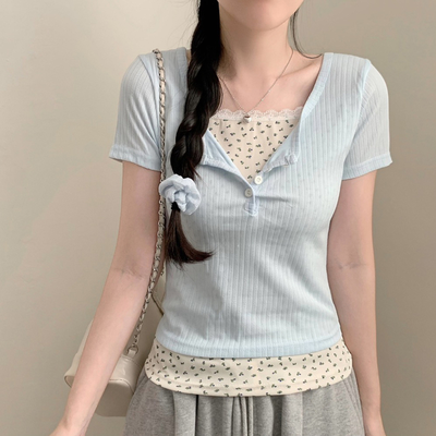 レイヤード風フラワー半袖Tシャツ