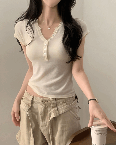 Vネックボタン半袖Tシャツ(7color)