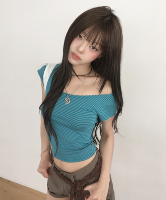 ストライプUネックキャップスリーブTシャツ