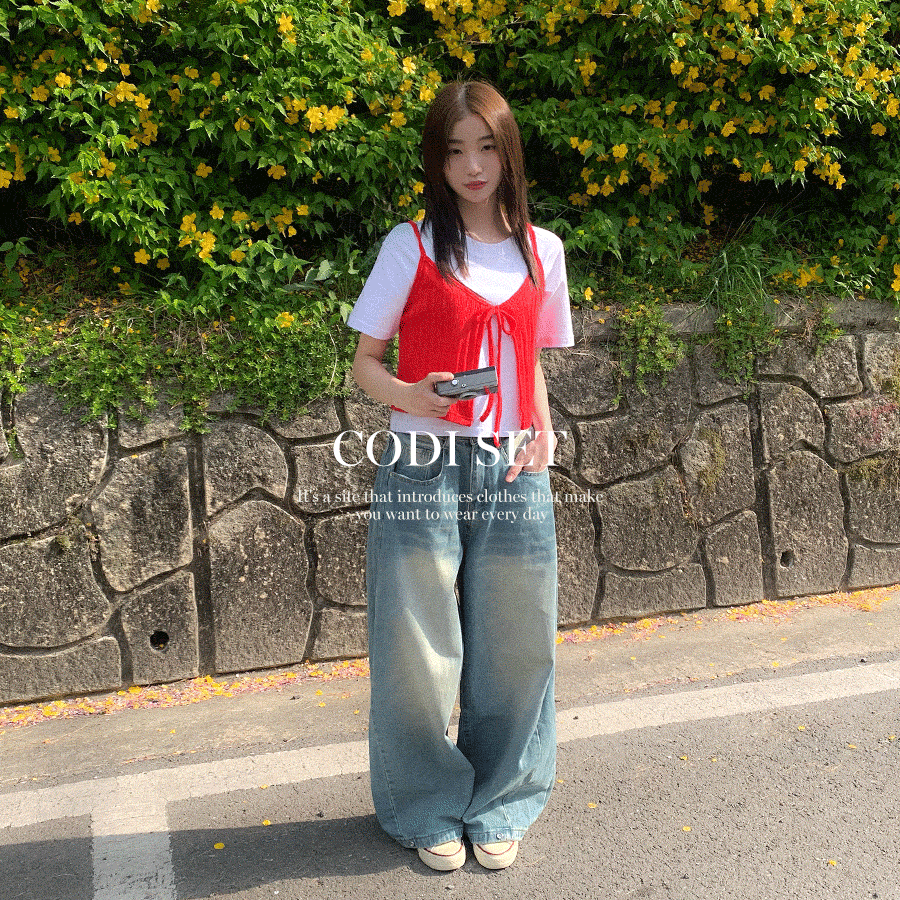 SET】ニットビスチェ 半袖T デニムワイドパンツ｜ツーピース｜韓国