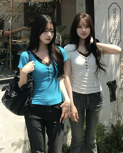 딥 V넥 버튼 반소매 티셔츠