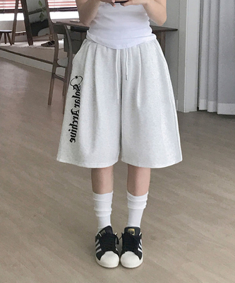 프롬 레터링 프린팅 와이드 핀턱 버뮤다 트레이닝 팬츠