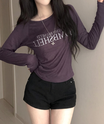 밤쉘 레터링 여리핏 시스루 살안타템 나그랑 긴팔 오프 티셔츠