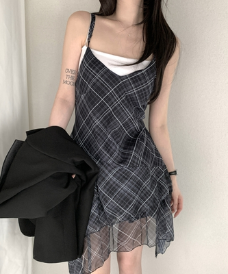 アンバランスフレアチェックキャミワンピース