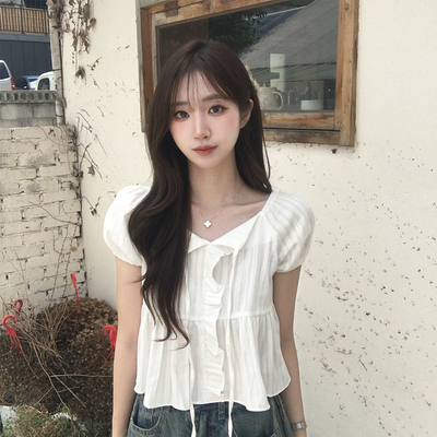 크리밍 프릴 리본 펀칭 여름 반팔 블라우스 세미 크롭 데일리 상의 스트링 셔링 셔츠 하객룩 퍼프 잔스트라이프 반팔티 4color