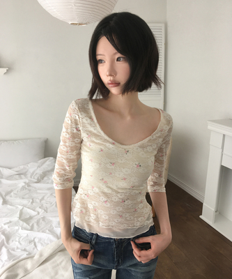 フラワーレース7分袖Tシャツ