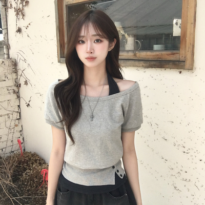 미쯔 오프숄더 여름 루즈핏 반팔 맨투맨 세트 홀터넥 나시 반팔 티셔츠 버튼 오버핏 반팔티 데일리 보트넥 상의 4color