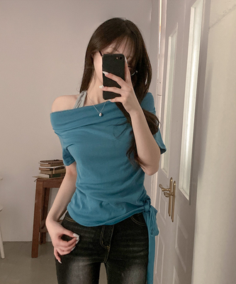 다이아 홀터 레이어드 배색 매듭 드레이프 반팔 티셔츠