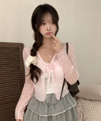 솜사탕 리본끈 시스루 펀칭 크롭 가디건