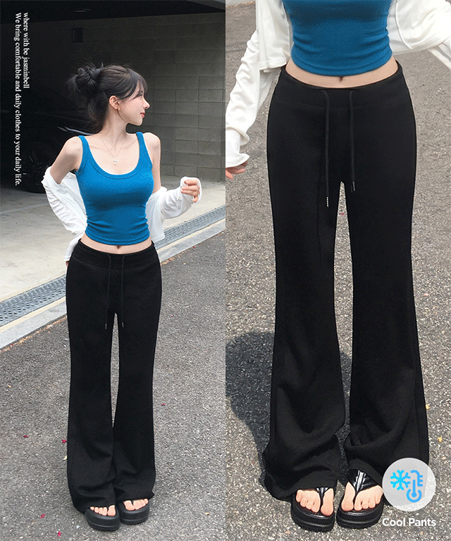 쿨링소재 릴프 세미 부츠컷 롱 트레이닝 팬츠 링클프리 와이드 츄리닝 스판 쫀쫀 핏보장 슬림핏 말라핏 하체커버 밴딩 끈조절 데일리 여름신상여름바지