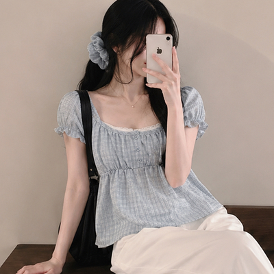 【シュシュ付き】レースレイヤードチェックブラウス(5color)