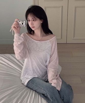 보호본능 자극핏해비치 여리 시스루 원숄더 썸머 나그랑 루즈핏 슬러브 긴팔 티셔츠