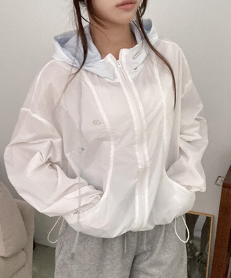치코 후드 배색 팬던트 바람막이 점퍼