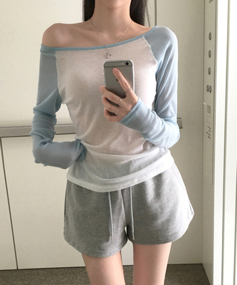 뉴핀 시스루 배색 나그랑 긴팔 티셔츠 롱슬리브 오프숄더 원숄더 여리핏 슬림핏 말라핏 데일리 꾸안꾸 햇빛차단 여름신상여름상의