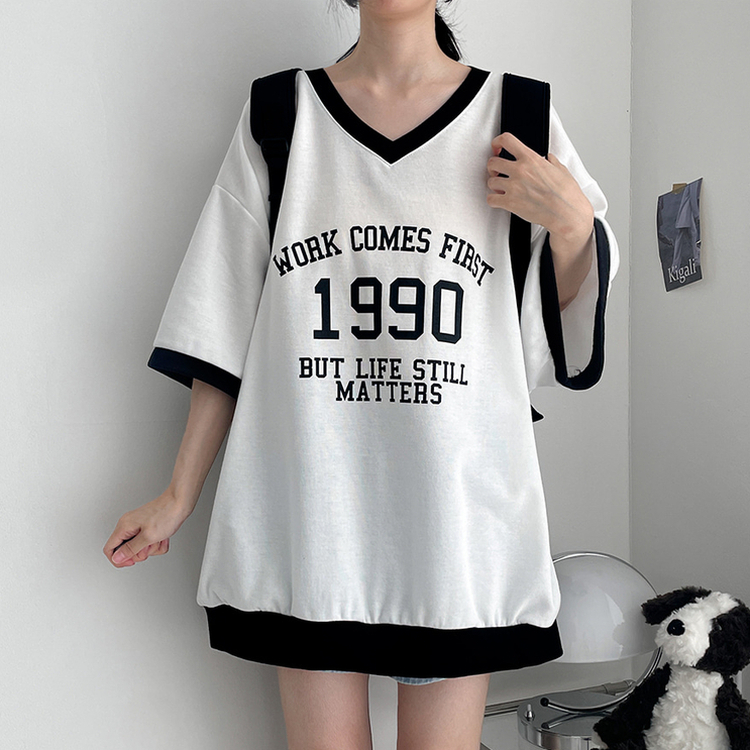 Vネックオーバーサイズ半袖スウェットTシャツ｜半袖Tシャツ｜韓国