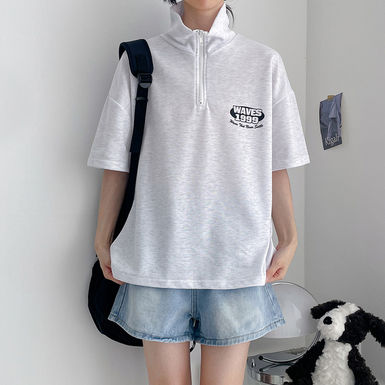 レタリングハーフジップアップ半袖Tシャツ｜半袖Tシャツ｜韓国